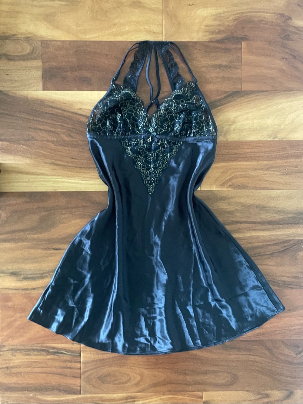 NWT La Vie En Rose Black Satin Halter Chemise with Gold Lace Trim